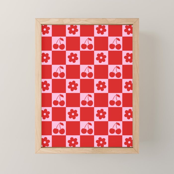 Cherry Flowers Pink & Red Checker Mini Art Print Gallery Image 1