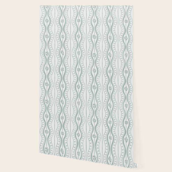 Wavy lines and tiny blooms - dusty mint pastel green pattern Wallpaper Gallery Image 2