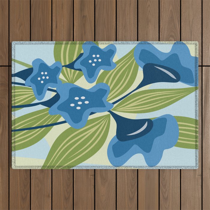 Blue Flowers and Green Leaves Outdoor Rug Gallery Image 1