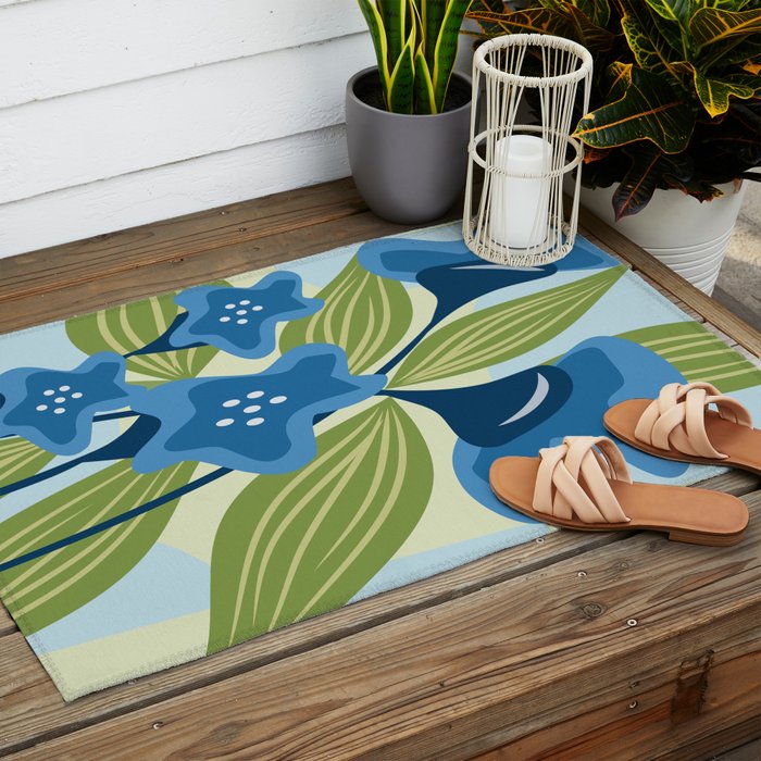 Blue Flowers and Green Leaves Outdoor Rug Gallery Image 2