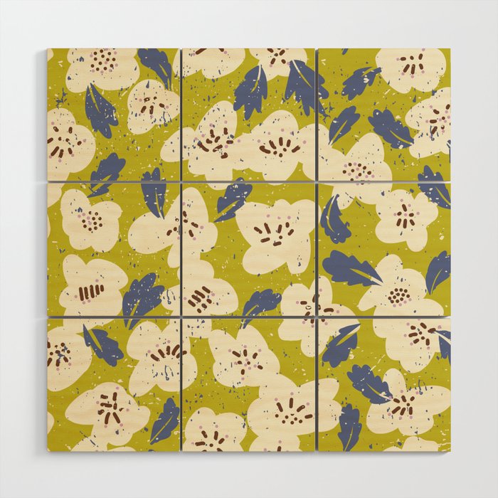 Bold flowers in my garden on yellow green Wood Wall Art Gallery Image 1