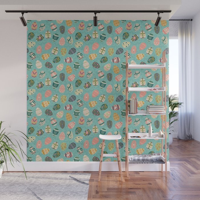 Floral Easter Eggs - Aqua Wall Mural Gallery Image 1