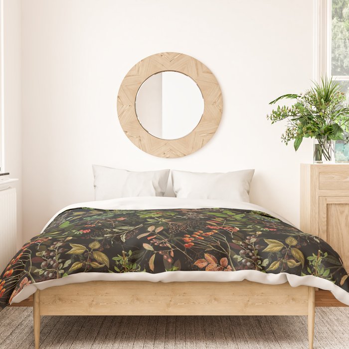 Vintage & Shabby Chic - vintage botanical wildflowers and berries on black Duvet Cover Gallery Image 3