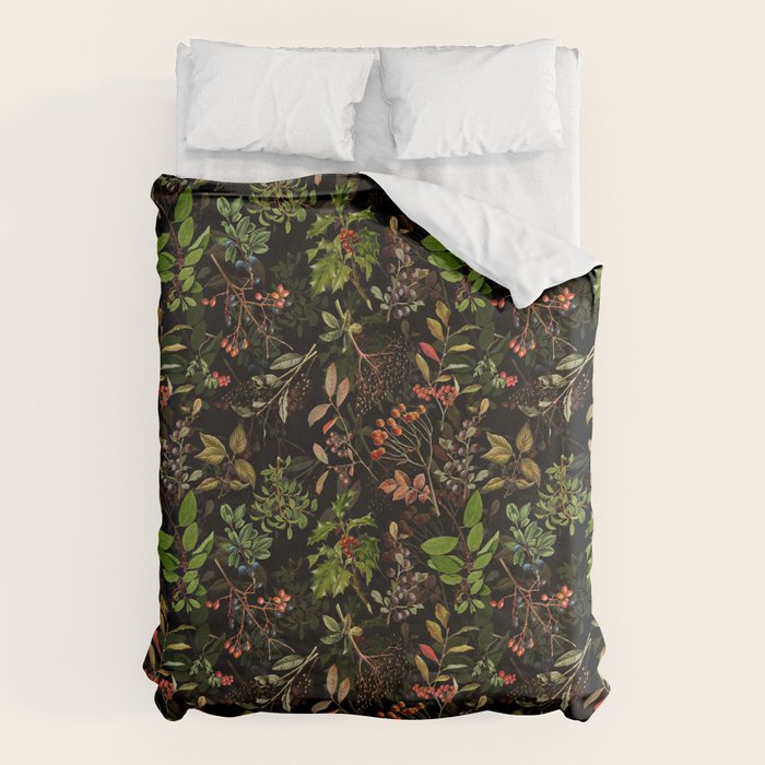Vintage & Shabby Chic - vintage botanical wildflowers and berries on black Duvet Cover Gallery Image 6