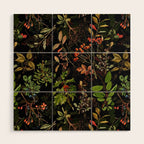 Vintage & Shabby Chic - vintage botanical wildflowers and berries on black Wood Wall Art Gallery Image 1
