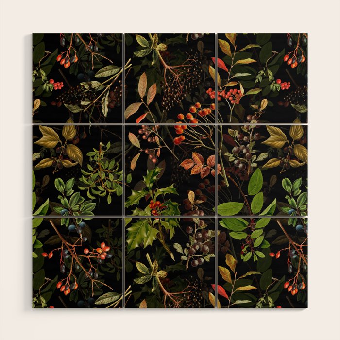 Vintage & Shabby Chic - vintage botanical wildflowers and berries on black Wood Wall Art Gallery Image 1