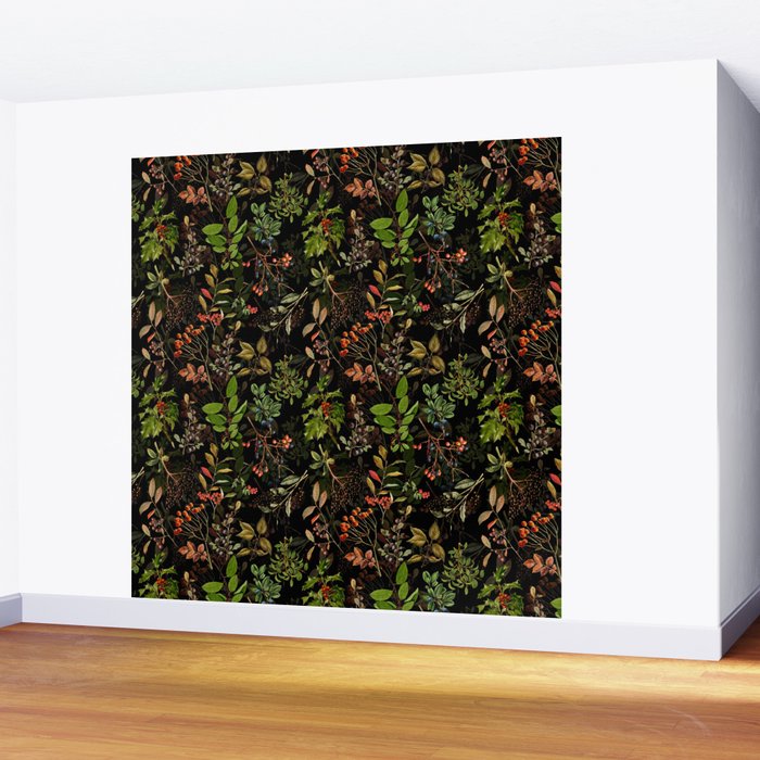 Vintage & Shabby Chic - vintage botanical wildflowers and berries on black Wall Mural Gallery Image 2