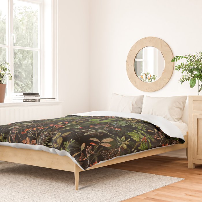 Vintage & Shabby Chic - vintage botanical wildflowers and berries on black Duvet Cover Gallery Image 2
