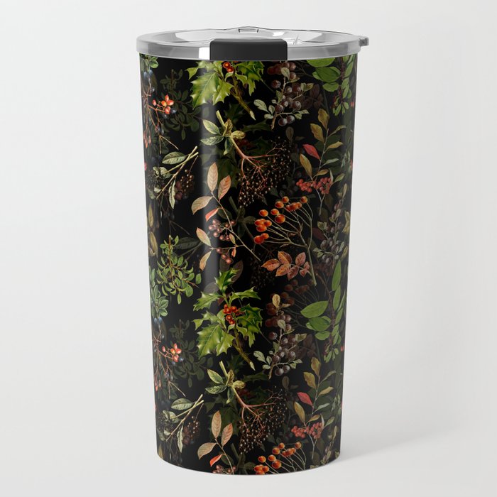 Vintage & Shabby Chic - vintage botanical wildflowers and berries on black Travel Mug Gallery Image 1