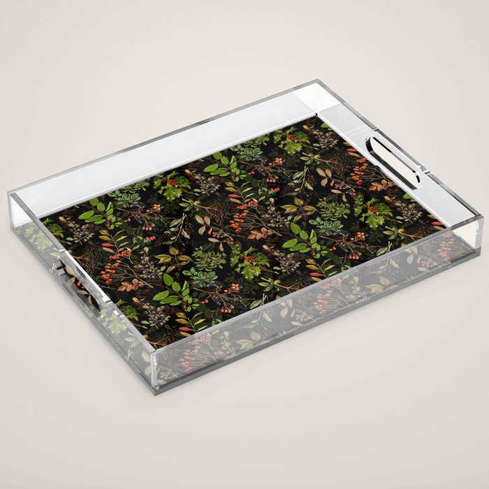 Vintage & Shabby Chic - vintage botanical wildflowers and berries on black Acrylic Tray Gallery Image 1