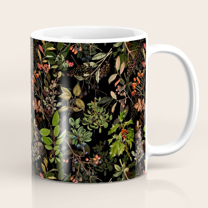 Vintage & Shabby Chic - vintage botanical wildflowers and berries on black Coffee Mug Gallery Image 1