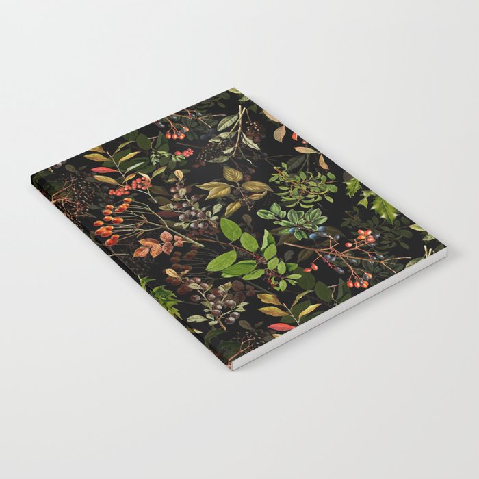 Vintage & Shabby Chic - vintage botanical wildflowers and berries on black Notebook Gallery Image 1