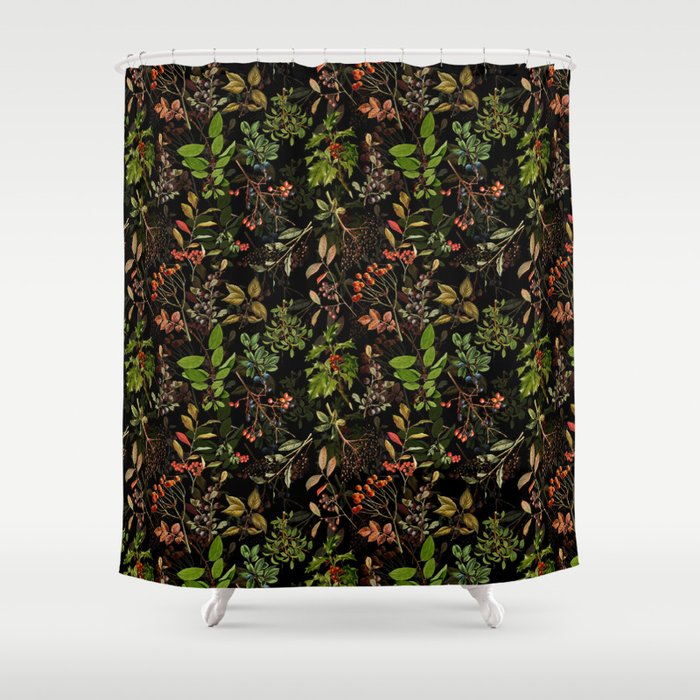 Vintage & Shabby Chic - vintage botanical wildflowers and berries on black Shower Curtain Gallery Image 1