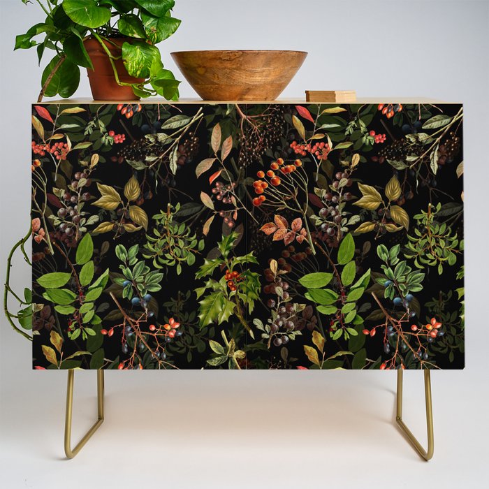 Vintage & Shabby Chic - vintage botanical wildflowers and berries on black Credenza Gallery Image 1