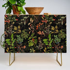 Vintage & Shabby Chic - vintage botanical wildflowers and berries on black Credenza Gallery Image 1
