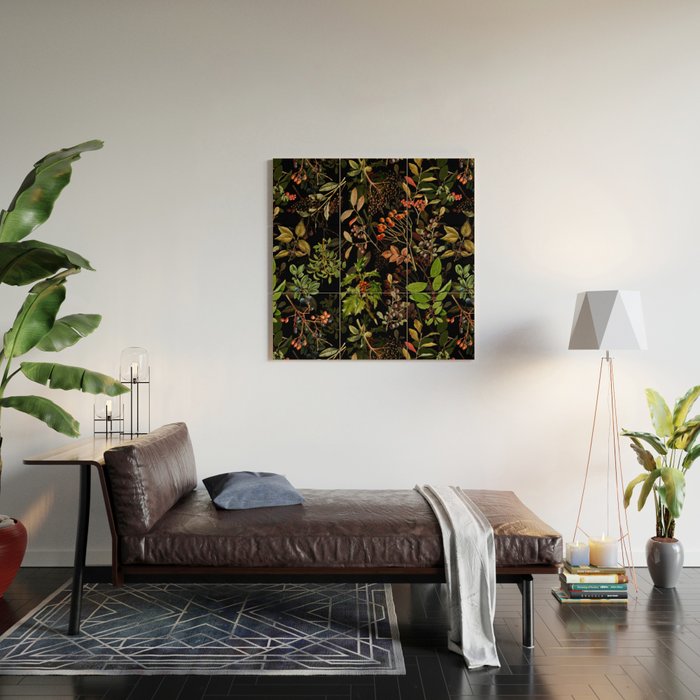 Vintage & Shabby Chic - vintage botanical wildflowers and berries on black Wood Wall Art Gallery Image 2