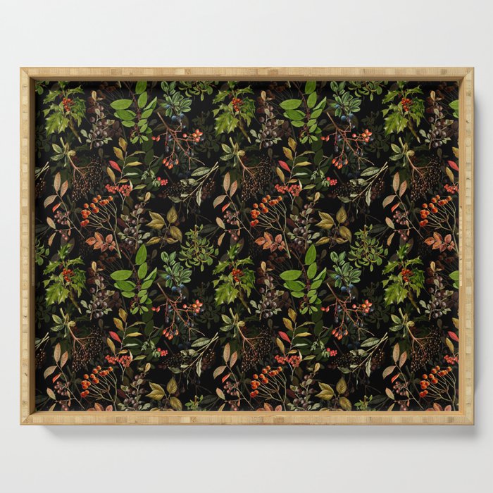 Vintage & Shabby Chic - vintage botanical wildflowers and berries on black Serving Tray Gallery Image 1