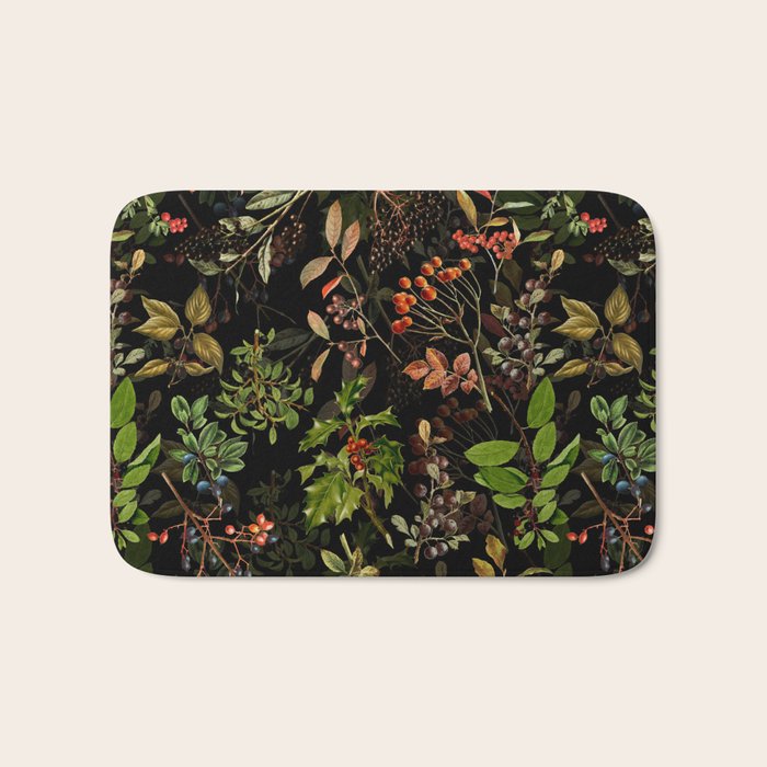Vintage & Shabby Chic - vintage botanical wildflowers and berries on black Bath Mat Gallery Image 1