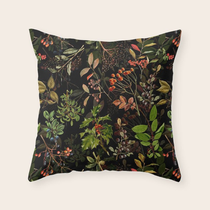 Vintage & Shabby Chic - vintage botanical wildflowers and berries on black Throw Pillow Gallery Image 1