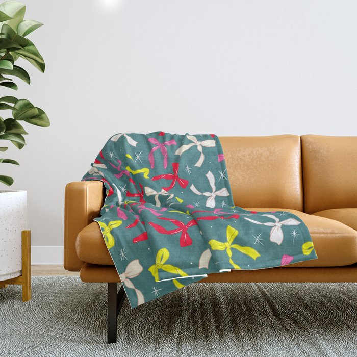 Festive Ribbons Pattern On Teal Throw Blanket Gallery Image 1
