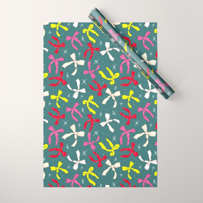Festive Ribbons Pattern On Teal Wrapping Paper Gallery Image 1