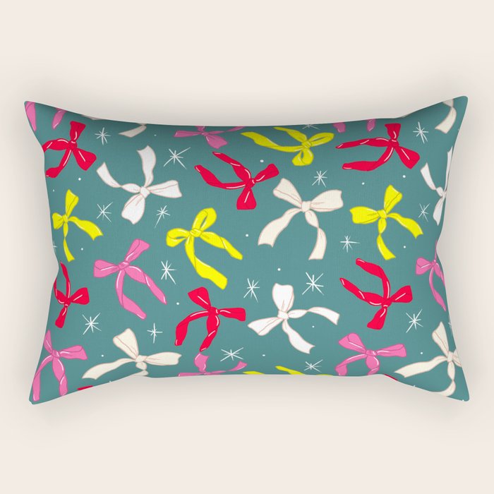 Festive Ribbons Pattern On Teal Rectangular Pillow Gallery Image 1