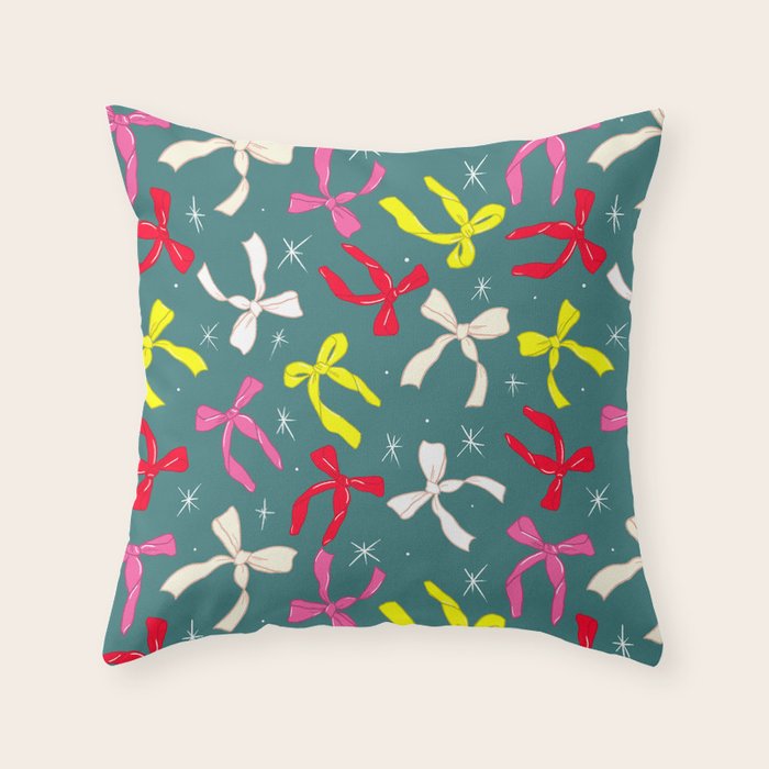 Festive Ribbons Pattern On Teal Throw Pillow Gallery Image 1