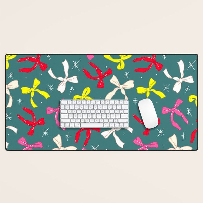 Festive Ribbons Pattern On Teal Desk Mat Gallery Image 1