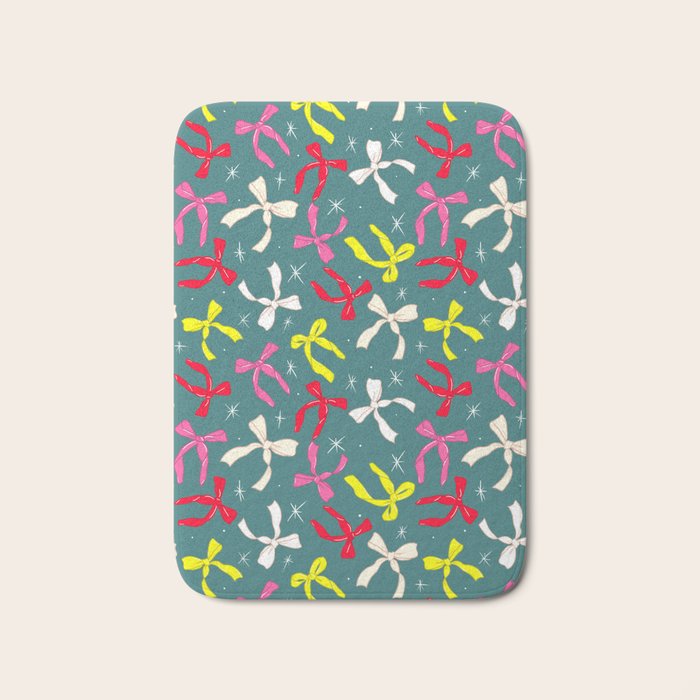 Festive Ribbons Pattern On Teal Bath Mat Gallery Image 1