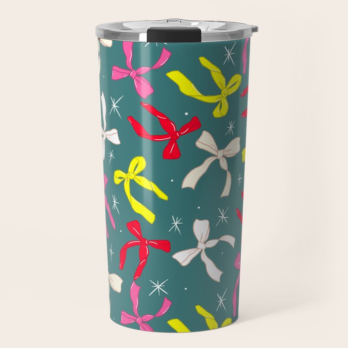 Festive Ribbons Pattern On Teal Travel Mug Gallery Image 1