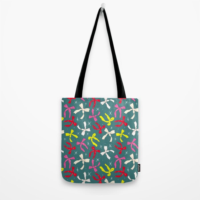 Festive Ribbons Pattern On Teal Tote Bag Gallery Image 2