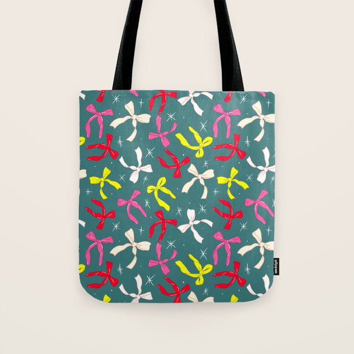 Festive Ribbons Pattern On Teal Tote Bag Gallery Image 1