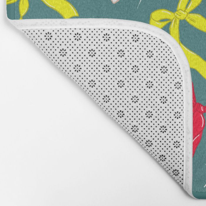 Festive Ribbons Pattern On Teal Bath Mat Gallery Image 2
