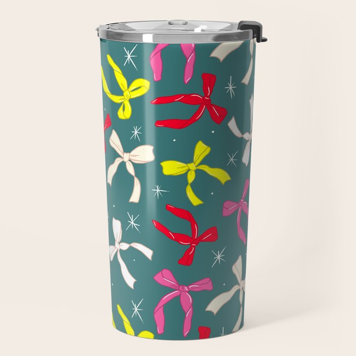 Festive Ribbons Pattern On Teal Travel Mug Gallery Image 2