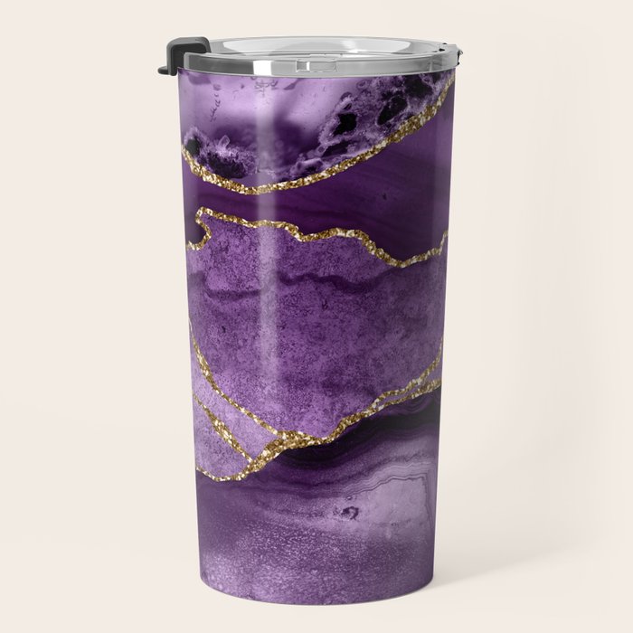 Glamour Purple Bohemian Watercolor Marble With Glitter Veins Travel Mug Gallery Image 3
