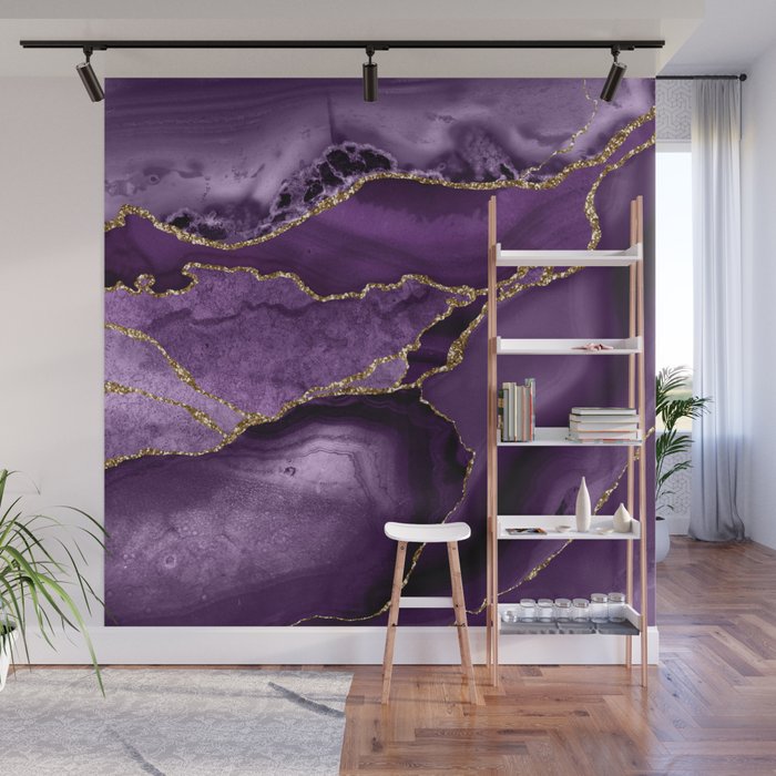 Glamour Purple Bohemian Watercolor Marble With Glitter Veins Wall Mural Gallery Image 1