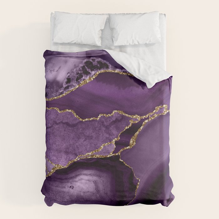 Glamour Purple Bohemian Watercolor Marble With Glitter Veins Duvet Cover Gallery Image 6