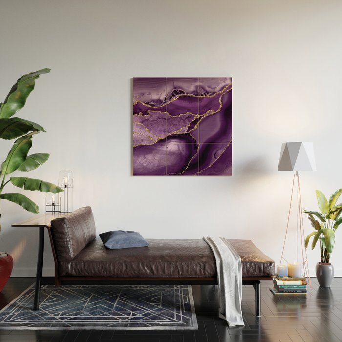 Glamour Purple Bohemian Watercolor Marble With Glitter Veins Wood Wall Art Gallery Image 2
