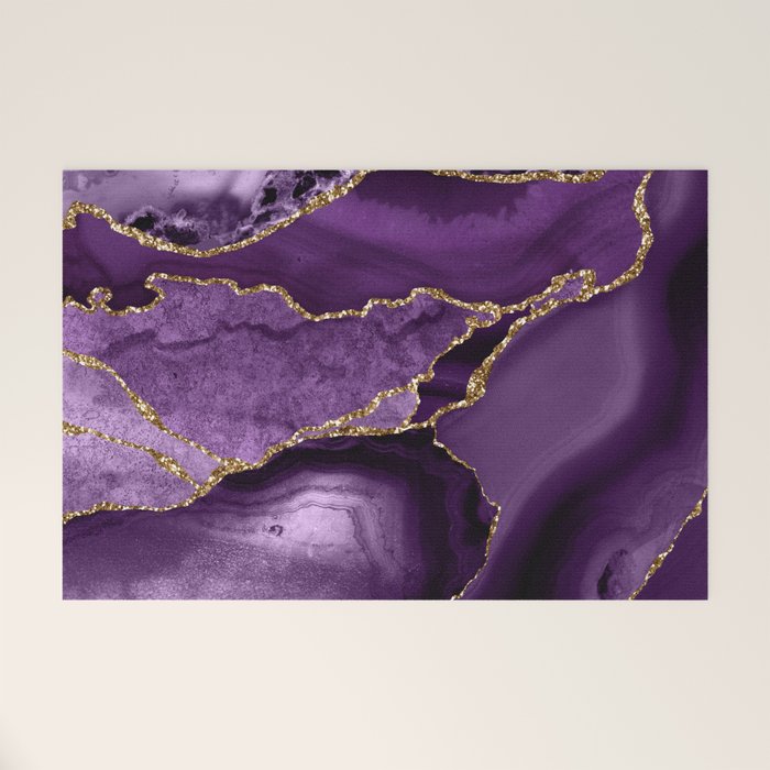 Glamour Purple Bohemian Watercolor Marble With Glitter Veins Welcome Mat Gallery Image 1