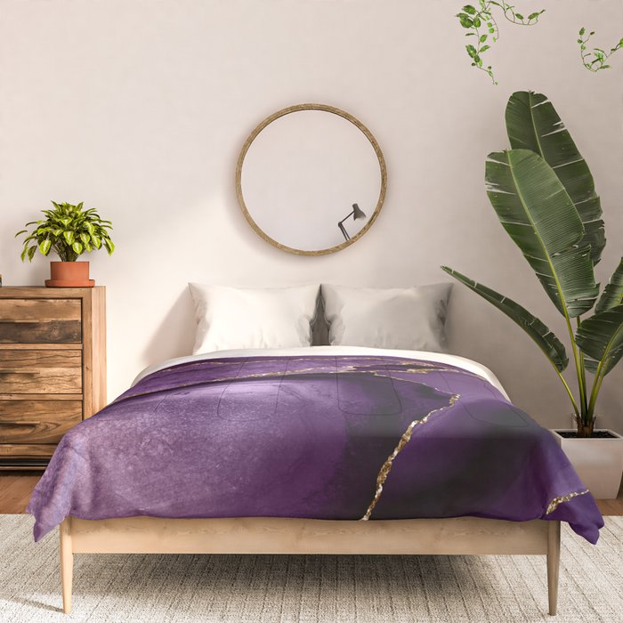 Glamour Purple Bohemian Watercolor Marble With Glitter Veins Comforter Gallery Image 3
