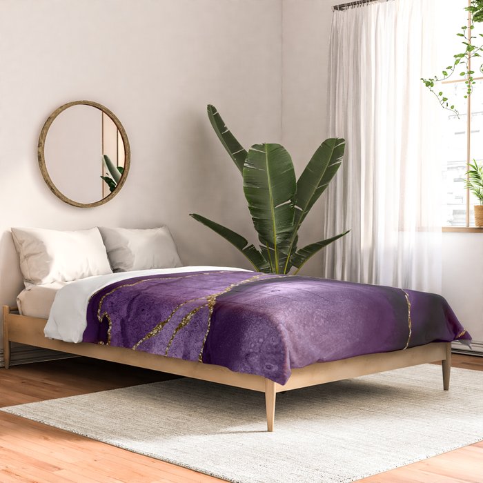Glamour Purple Bohemian Watercolor Marble With Glitter Veins Comforter Gallery Image 2