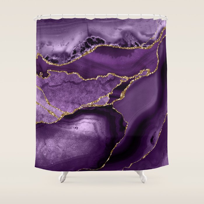 Glamour Purple Bohemian Watercolor Marble With Glitter Veins Shower Curtain Gallery Image 1