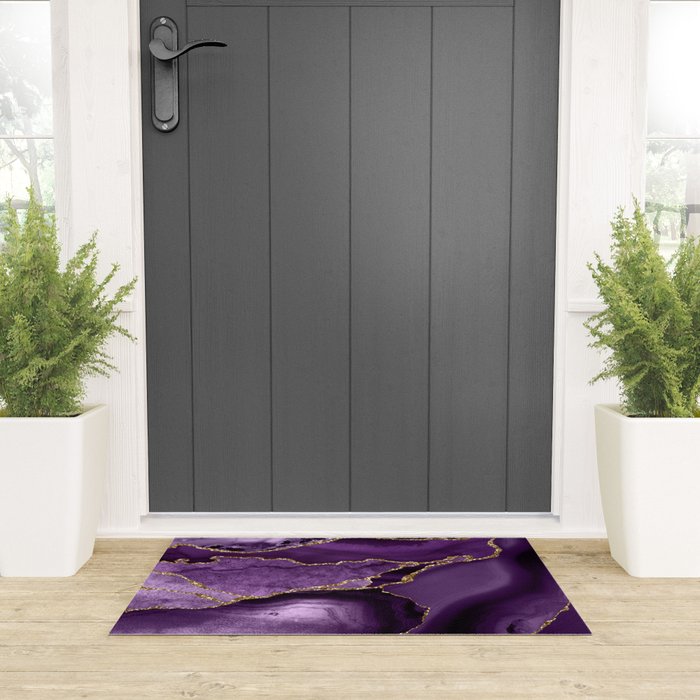 Glamour Purple Bohemian Watercolor Marble With Glitter Veins Welcome Mat Gallery Image 3