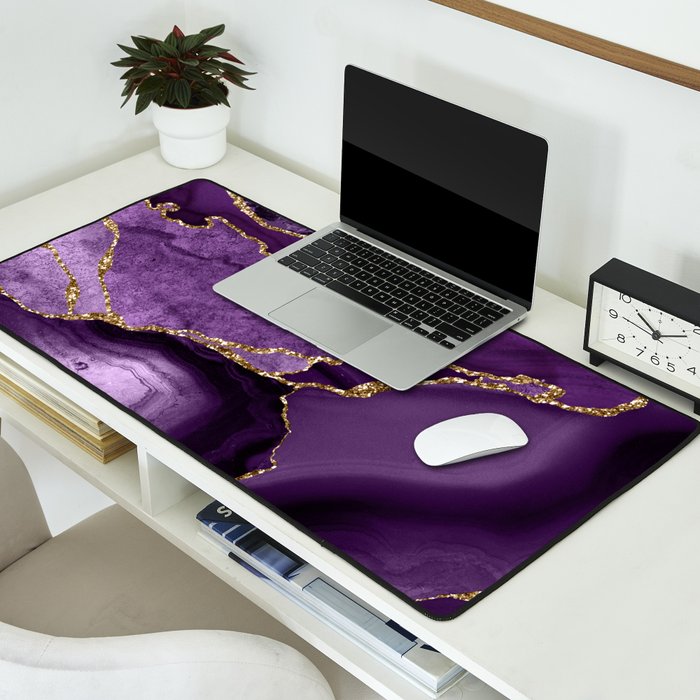 Glamour Purple Bohemian Watercolor Marble With Glitter Veins Desk Mat Gallery Image 2