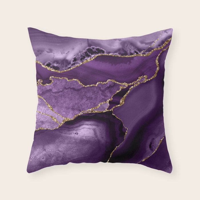 Glamour Purple Bohemian Watercolor Marble With Glitter Veins Throw Pillow Gallery Image 1