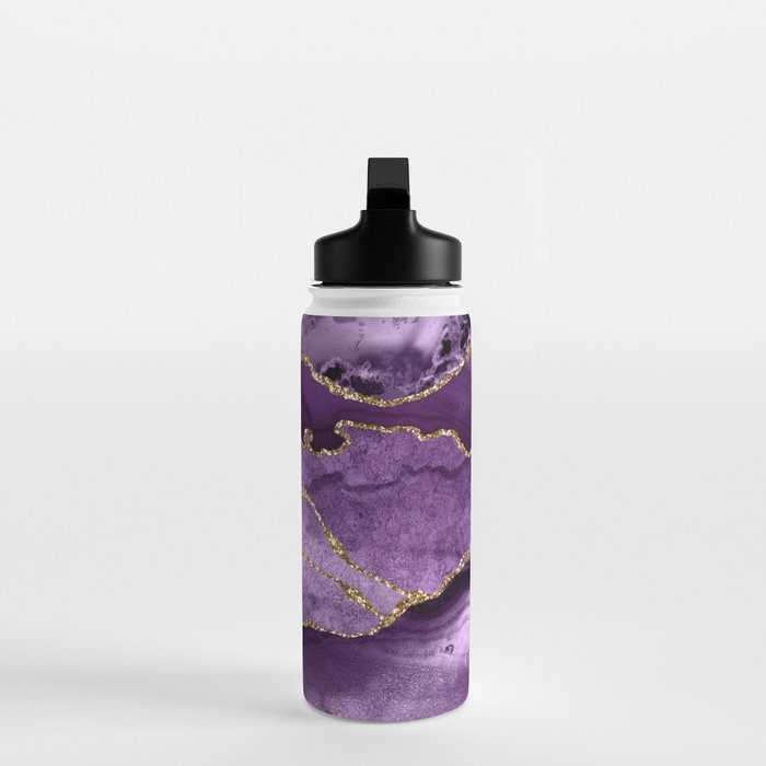 Glamour Purple Bohemian Watercolor Marble With Glitter Veins Water Bottle Gallery Image 3
