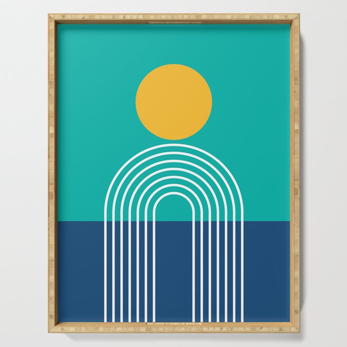 Geometric Lines in Blue Teal Yellow (Sun and Rainbow abstraction) Serving Tray Gallery Image 1