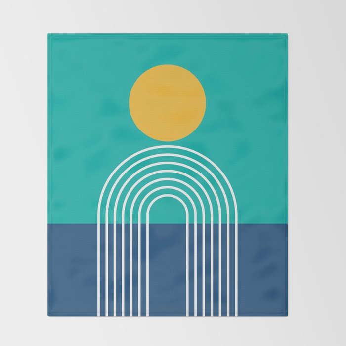 Geometric Lines in Blue Teal Yellow (Sun and Rainbow abstraction) Throw Blanket Gallery Image 2