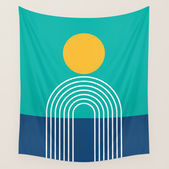 Geometric Lines in Blue Teal Yellow (Sun and Rainbow abstraction) Wall Tapestry Gallery Image 4