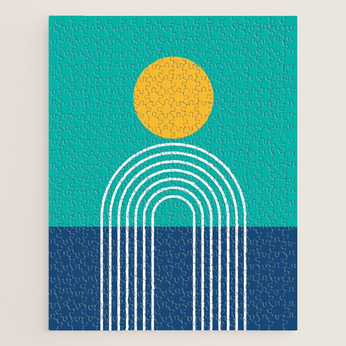 Geometric Lines in Blue Teal Yellow (Sun and Rainbow abstraction) Jigsaw Puzzle Gallery Image 1